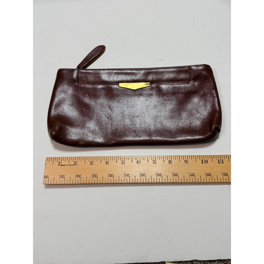 Vintage Brown Leather Zipper Clutch Bag Gold Tone Accent Minimalist Pouch
